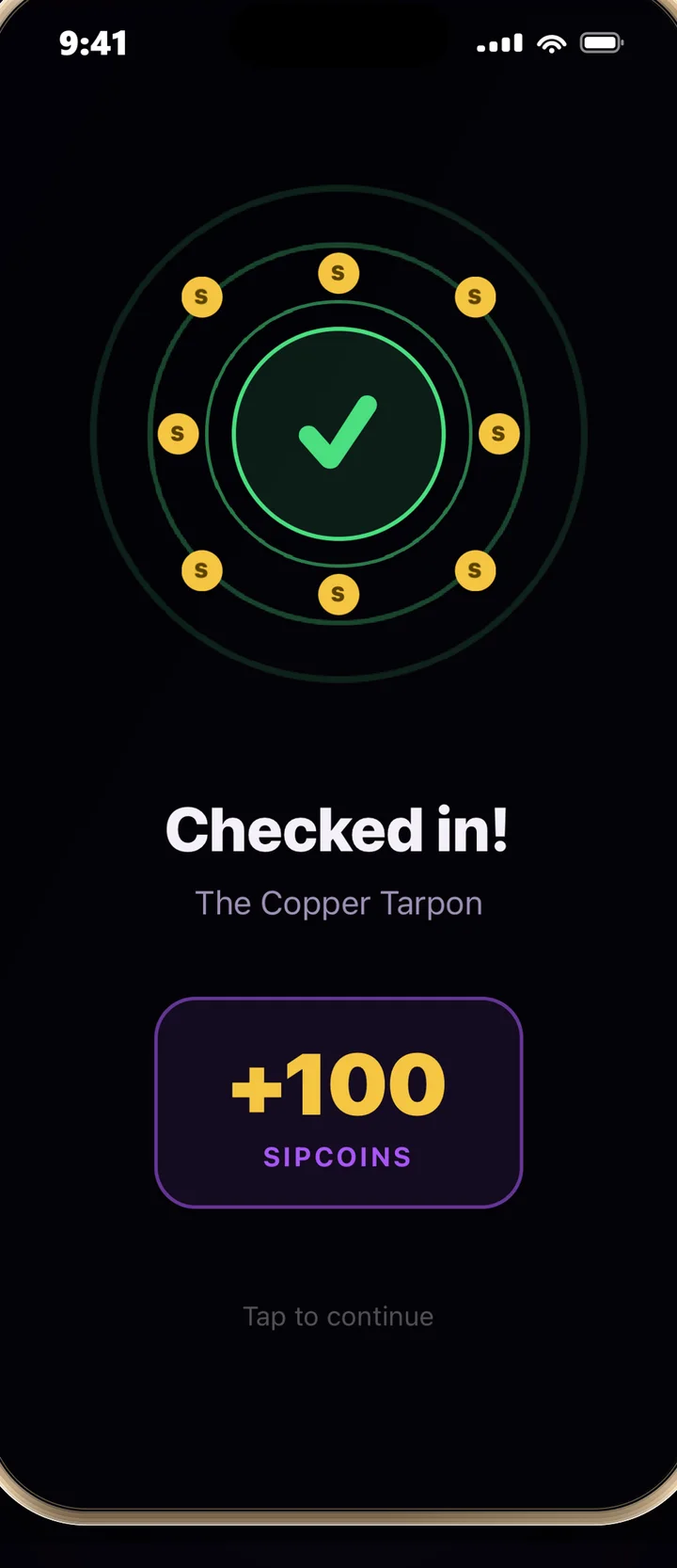 SipCoin app check-in confirmation screen at The Copper Tarpon awarding 100 SipCoins