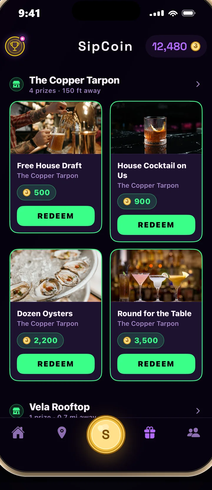 SipCoin app rewards screen listing venue rewards such as a free house draft and a house cocktail with their SipCoin prices